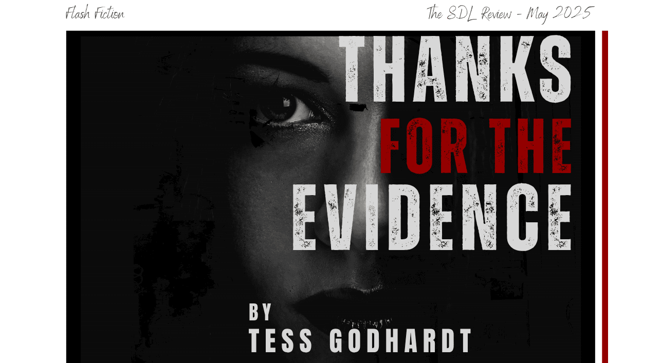 Thanks for the Evidence by Tess Godhardt Each finger on your calloused hand left an imprint on my neck. I display each red indentation for the officer’s flashing camera. Are there any other injuries? I imagine grabbing the butcher’s knife from the kitchen drawer nearby, slicing myself from sternum to stomach, peeling my skin open, and pointing his camera to the six years’ worth of gouges your sharp words had carved into my insides like tally marks in a prisoner’s cell. Blowups of each and every gash would be paraded in front of the jury. You’d get ten years, easy. Your mother would cry, but not because she’s raised an abuser. She would weep because her baby boy doesn’t deserve to go to jail. Your alcoholic father would remain at home. Ten beers in. Unsurprised by who you’ve become. The officer patiently waits for the daydream to end. My vocal cords sting as the word “no,” makes its way up my sandpapered throat. Yet, the burn is simultaneously soothing. The choking may not get you ten years, but it does get me my freedom.